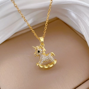 Luxurious gold titanium necklace with sparkling zircon unicorn horse pendant for women