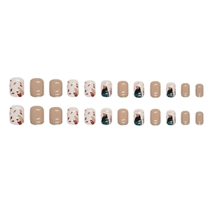 Short square press-on nails with autumn leaf hand-painted design in nude tones