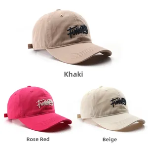 Three cotton baseball caps in khaki, rose, and beige with custom embroidered lettering