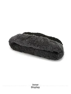 Detail view of the thick grey faux fur lining inside the black knitted winter beanie cap