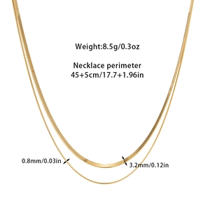 Detail view of gold snake chain necklace showing 45cm length and dual width dimensions