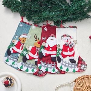Large Christmas Stocking Linen Hanging Gift Bag 3D Character Santa Snowman Reindeer Bear Plaid Festive Home Decor