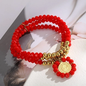 Retro multi-layer red faceted crystal beads bracelet with gold religious coin charm