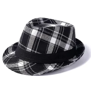 Plaid Fedora Hat Polyester Cotton Blend Checked Retro British Style Jazz Cap With Black Ribbon Band For Men Women