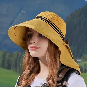 Ginger yellow wide brim sun hat with neck flap and breathable mesh for outdoor hiking