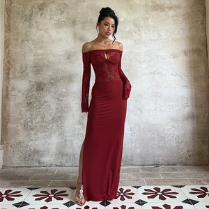Elegant wine red off-shoulder lace maxi dress with long sleeves and high side slit