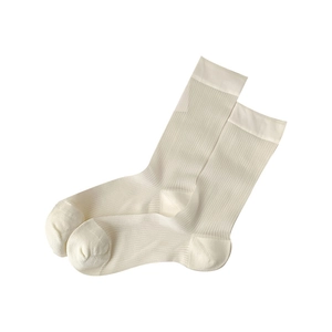 Off-white ribbed sheer crew socks with reinforced heel and toe on white background
