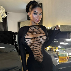 Slim fit black long sleeve dress featuring front cutout design and lace-up details