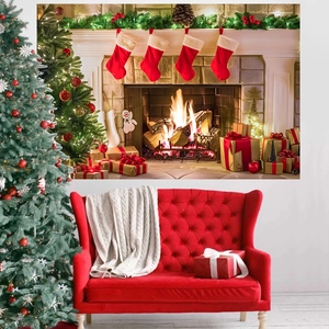 Christmas photography backdrop featuring a warm fireplace, decorated tree and gift boxes