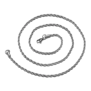 Detailed close-up of a stainless steel rope chain necklace with a lobster clasp closure