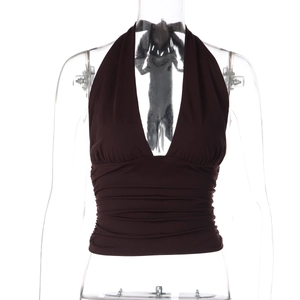 Detailed view of the dark brown deep V-neck halter top with ruched waist and hem details