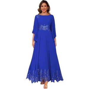 Royal blue chiffon evening gown with cape sleeves and floral lace appliques for women