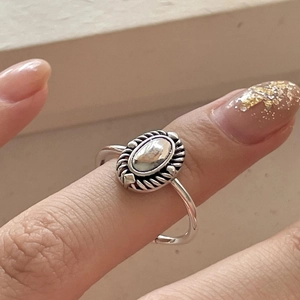 925 Sterling Silver Ring Vintage Oval Mirror Face Twisted Rope Border Adjustable Open Ring For Women Korean Style