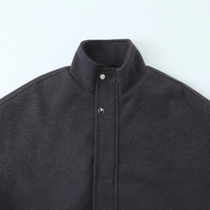 Deep grey wool flight jacket with stand collar and silver snap button details