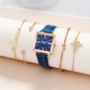 Detailed set featuring a golden square quartz watch with blue strap and four metal bracelets