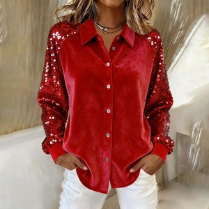 Red velvet long sleeve shirt with sequin sleeves and button-down collar for women