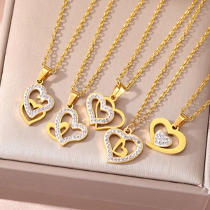 Stainless Steel Double Heart Pendant Necklace For Women Elegant Rhinestone Inlaid Gold Silver Color Fashion Jewelry Gift