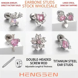 Orecchini Cartilagine Orso Cuore Zircone Rosa Acciaio Titanio Chiusura Vite Gioielli Piercing Carino Y2K Donna