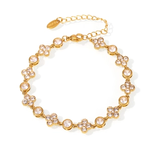 Gold plated stainless steel four-leaf clover bracelet with sparkling cubic zirconia stones