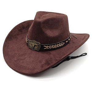 Brauner Western-Cowboyhut aus Wildlederimitat mit Bullenkopf-Schnalle und Lederband