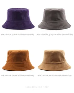Detail of reversible corduroy bucket hats showing four color options and ribbed texture
