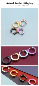 Detailed view of polished stainless steel huggie earrings in five vibrant metallic colors