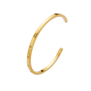 Detail showing matte brushed finish and sparkling yellow zircons on golden C-shaped bangle