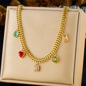 Heart Colorful Gemstone Pendant Necklace Gold Plated Stainless Steel Wheat Chain Choker Chic Minimalist Jewelry For Women