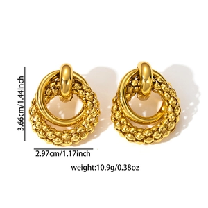 Golden stainless steel woven texture chunky earrings with size measurements in inches