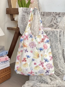 Floral mesh tote bag with colorful watercolor flower print for women summer