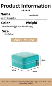 Compact PU leather jewelry box specifications showing 10x10x5cm size and multiple colors