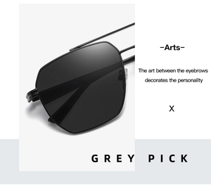 Detail of polarized aviator sunglasses featuring a black double-bridge frame and grey lenses