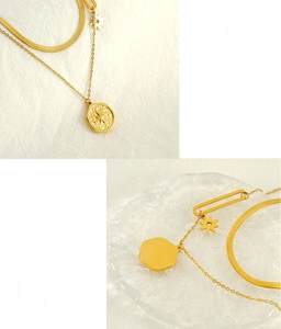 Detail of double-layer stainless steel gold necklace with hammered star pendant