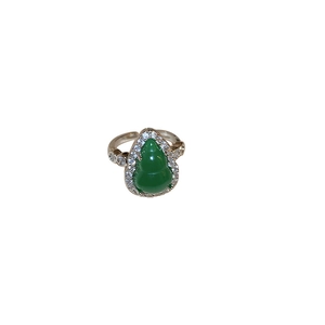 Vintage silver ring with green gourd-shaped resin stone and shimmering zircon inlay