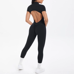 Detail view of the back cutout and scrunch butt design on this black fitness bodysuit