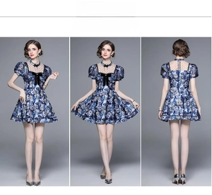 Detailed views of a blue floral summer dress featuring a square neck and puff sleeves