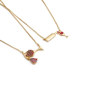 Wine Bottle And Glass Pendant Necklace Copper Gold Plated Red Zircon Box Chain Minimalist Jewelry For Women