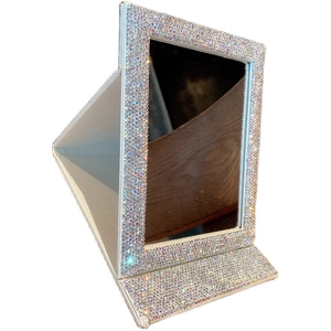 Foldable desktop makeup mirror with sparkling rhinestones and silver glitter PU leather frame