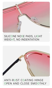 Detail of pink-green gradient lenses, gold metal frame, and soft silicone nose pads