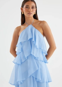 Detailed view of sky blue layered ruffle halter top in lightweight chiffon material