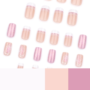 Short square press-on nails with French white stripes, purple glitter, and butterfly art