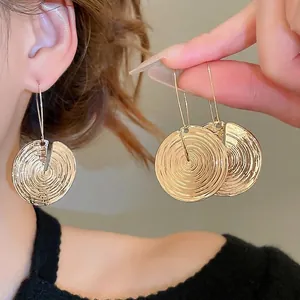 Round Spiral Texture Dangle Earrings Alloy Circular Geometric Pattern Retro Minimalist Style Fashion Jewelry For Women