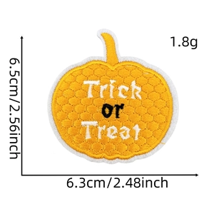 Detail of Trick or Treat pumpkin embroidery patch with dimensions 6.5cm height and 6.3cm width