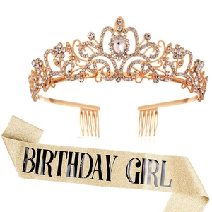 Ensemble couronne et écharpe dorée pailletée pour filles avec texte Birthday Girl noir