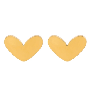 Detailed close-up of golden heart-shaped stainless steel stud earrings with polished finish