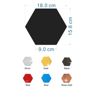 Detailed size guide for hexagon acrylic mirror wall stickers in various colors