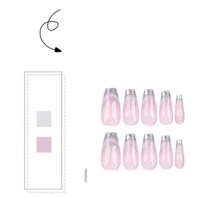 Detail of coffin-shaped press-on nails with pink gradient and silver glitter French tips