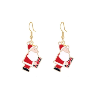 Detail of Christmas Santa Claus drop earrings with festive red enamel and gold finish hooks