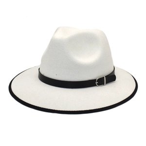 Detailed close-up of a white felt fedora hat featuring a black leather band and silver buckle