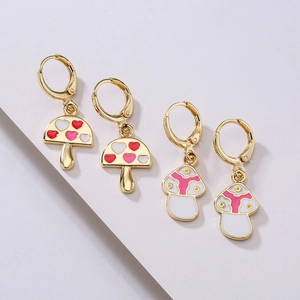 Mushroom Hoop Earrings Copper Gold Plated Enamel Heart Dangle Cute Dainty Jewelry For Women